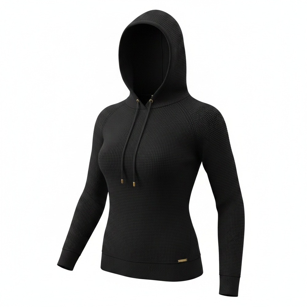 Michael Kors Hoodie Women's L Black Waffle Knit Pullover Gold Logo Kangaroo